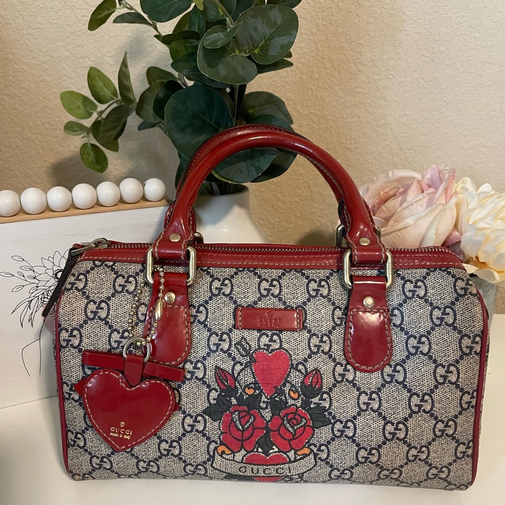 Gucci Coated Canvas Mini Boston Tattoo Rose Heart Bag Limited Edition w/ Charm
